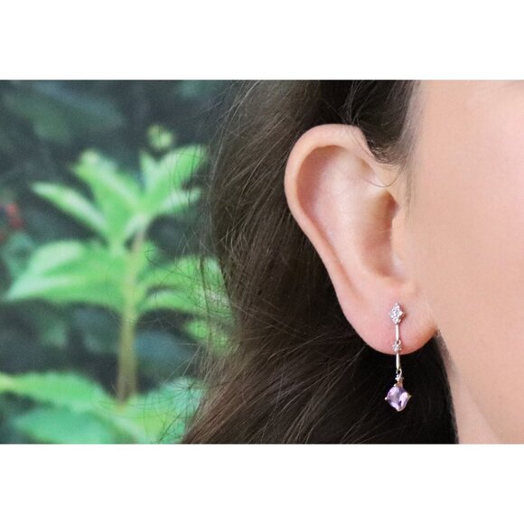 14k Yellow Gold Natural Amethyst & White Topaz Earrings Dangle Drop 1" x 1/4" - Picture 4 of 7